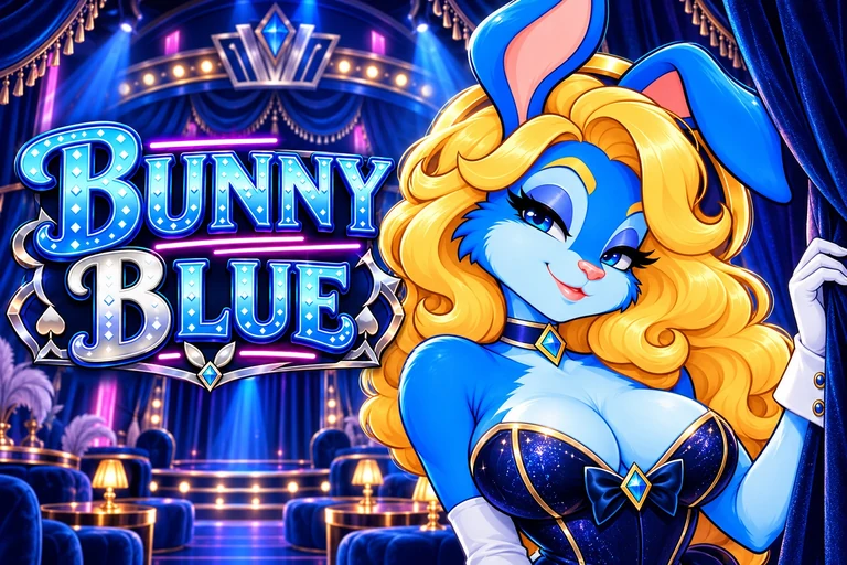 Bunny Blue beside her illuminated cabaret marquee