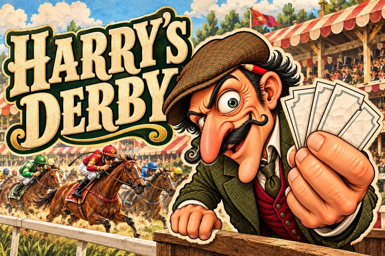 Harry holding racing tickets beside horses at a vintage racecourse
