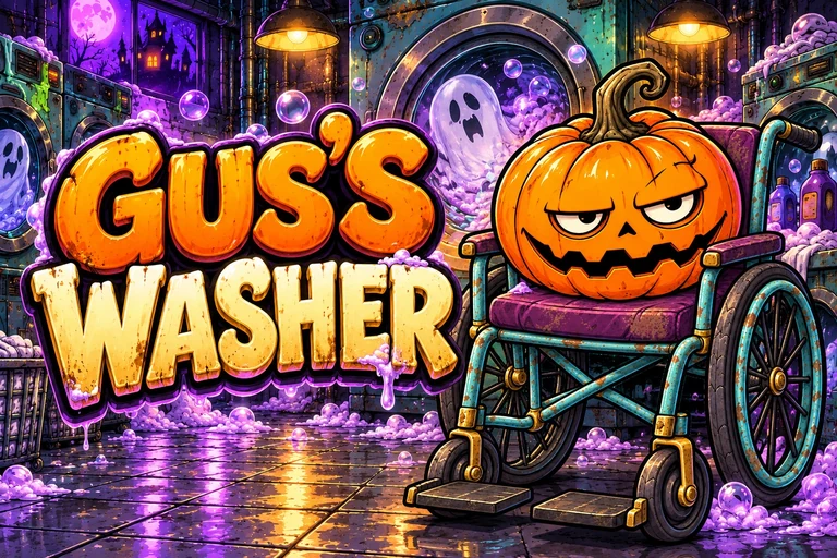 Gus the pumpkin in his wheelchair in a haunted laundromat