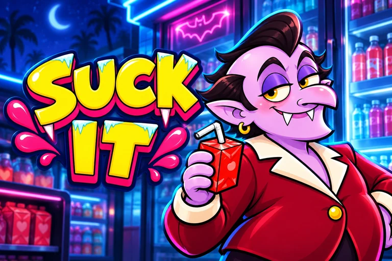A purple vampire raising a juice carton in a neon convenience store