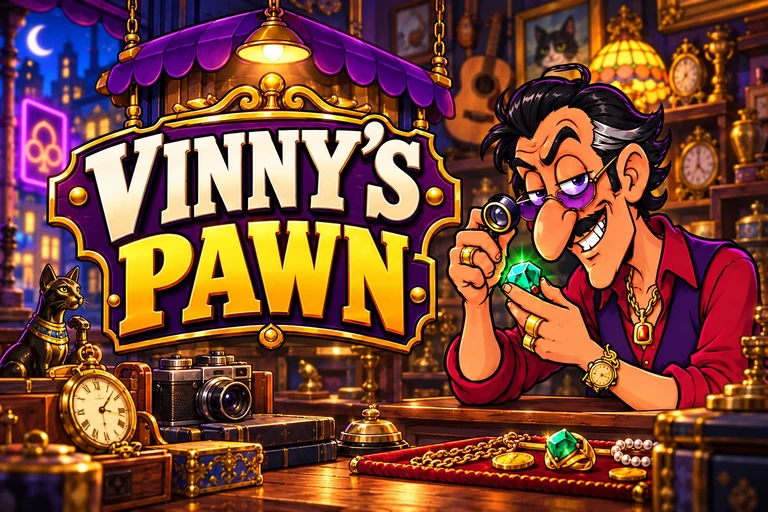 Vinny examining an emerald in his purple and gold pawn shop